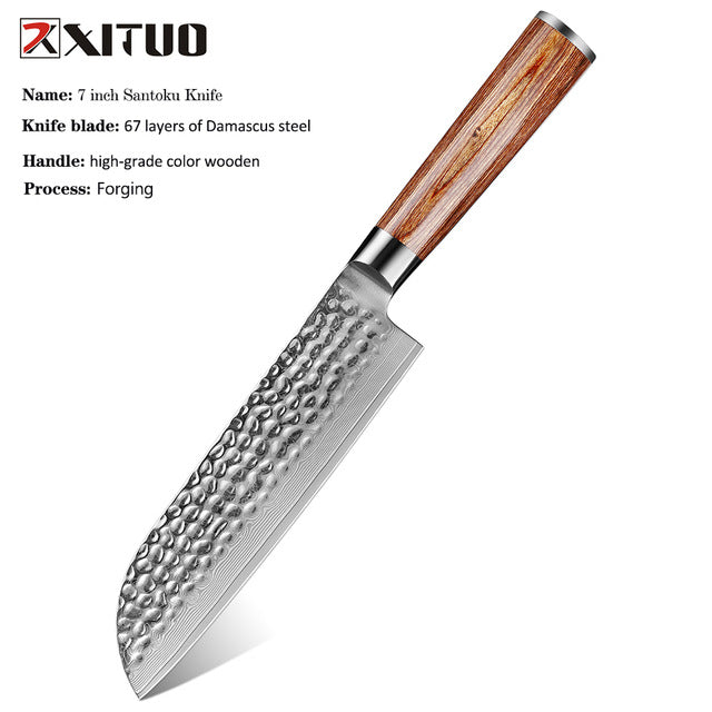 Gold Color Wooden Handle Hammer Pattern Damascus Kitchen Knife Kitchen Knife Set Bread Knife Fruit Knife Household Chef Knife