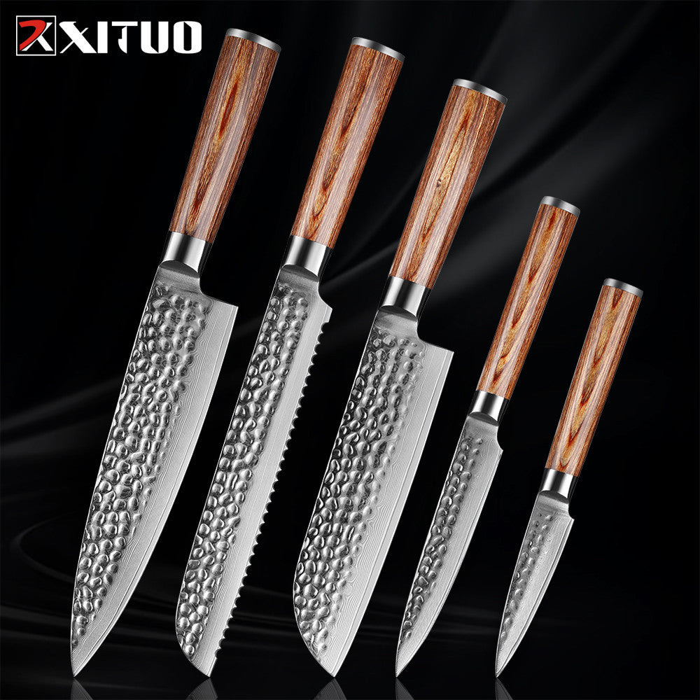 Gold Color Wooden Handle Hammer Pattern Damascus Kitchen Knife Kitchen Knife Set Bread Knife Fruit Knife Household Chef Knife