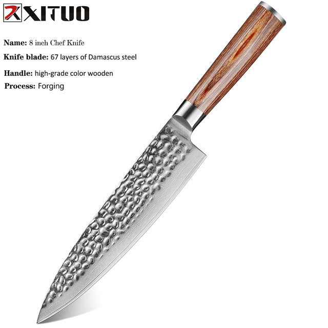 Gold Color Wooden Handle Hammer Pattern Damascus Kitchen Knife Kitchen Knife Set Bread Knife Fruit Knife Household Chef Knife